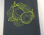 Grey with lime green pears kitchen huck towel, huck towel, grey kitchen towel, kitchen decor, pears decor, fruit decor