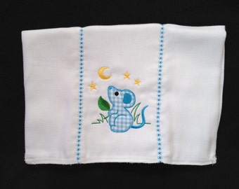 Burp cloth with blue and white applique mouse with moon and stars. It can be personalized for an extra charge.