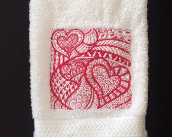 Valentine towel, red heart towel, bathroom heart towel, Heart decor, heart bathroom, heart hand towel, pjsembroidery