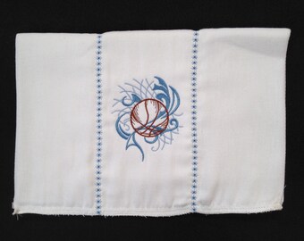 Boys basketball burp cloth in brown and blues. Can be personalized for an extra charge.