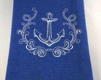 Beach hand towel, Blue kitchen bath decor, Anchor decor, Blue white anchor towel, Beach house decor