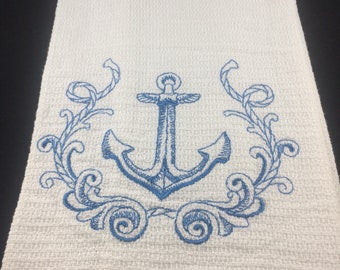 Beach hand towel, White and blue huck kitchen bath decor, Anchor decor, Blue white anchor towel, Beach house decor