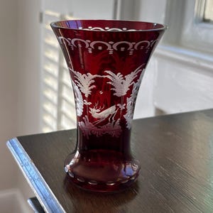 Egermann Vintage Ruby Red Cut to Clear Vase | Etched Stag & Castle