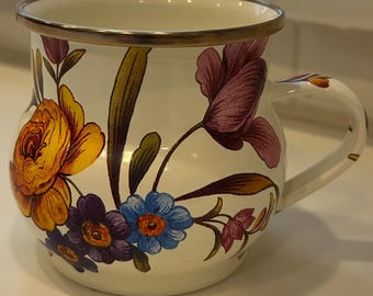 MacKenzie Childs White Flower Market Enamel Coffee Mug