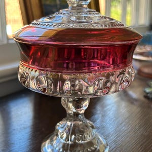 Vintage Ruby Flashed Kings Crown Compote with Lid | Cranberry Glass
