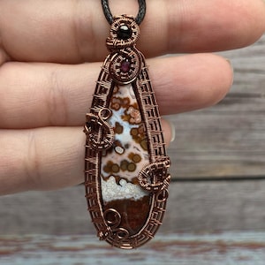 Java River Jasper with Garnet and Spinel Antiqued Copper Wire Wrapped Pendant