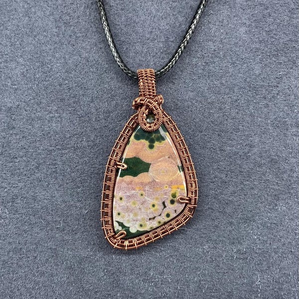 Ocean Jasper Antiqued Copper Wire Wrapped Pendant
