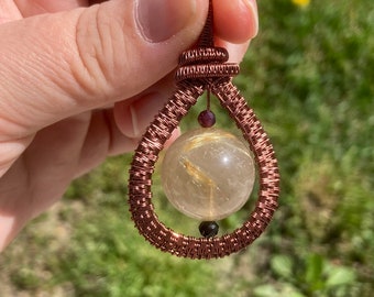 Gold Rutile Wire Wrapped Fidget Pendant