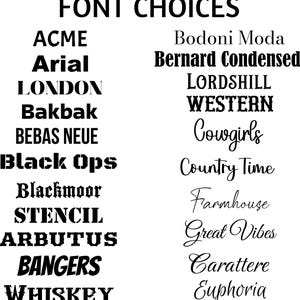 May include: A black text chart titled FONT CHOICES listing various typeface names in their respective styles. The left column includes ACME, Arial, LONDON, Bakbak, BEBAS NEUE, Black Ops, Blackmoor, STENCIL, ARBUTUS, BANGERS, and WHISKEY.