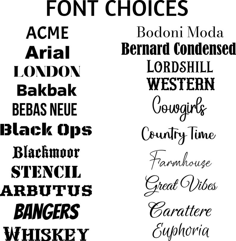 May include: A black text chart titled FONT CHOICES listing various typeface names in their respective styles. The left column includes ACME, Arial, LONDON, Bakbak, BEBAS NEUE, Black Ops, Blackmoor, STENCIL, ARBUTUS, BANGERS, and WHISKEY.