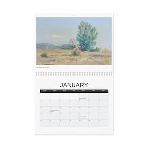 Peut inclure: Un calendrier mural avec une peinture de paysage d'un arbre et d'un champ. Le calendrier est ouvert sur janvier, avec une grille de dates et de jours de la semaine. Le titre "Tree Study at The Spit" est au-dessus du calendrier.