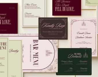 Puede incluir: Surtido de papelería de boda en varios tamaños y colores. Incluye invitaciones, menús y tarjetas RSVP. La paleta de colores presenta borgoña, crema y verde oscuro. Algunas tarjetas tienen bordes florales y fuentes elegantes.