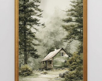 Rustic Green Cabin Watercolor Printable Wall Art, Woodland Cottage Art (Digital Download)