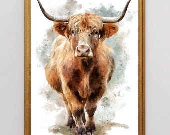 Arte murale stampabile con acquerello raffigurante una mucca delle Highlands, stile rustico (download digitale)