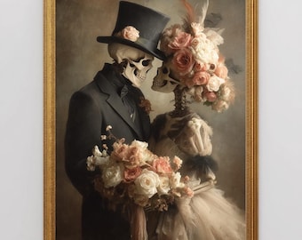 May include: A framed artwork depicts two skeletons in formal attire, a man in a black suit and top hat, and a woman in a flowing gown, adorned with flowers. The artwork has a gold frame and a vintage aesthetic.