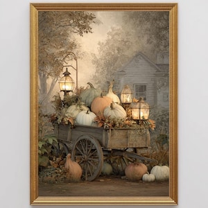 Printbare muurdecoratie met pompoenkarretje in herfststijl, rustieke herfstdecoratie in boerderijstijl, vintage oogstprint, gezellige decoratie voor de hal (digitale download)