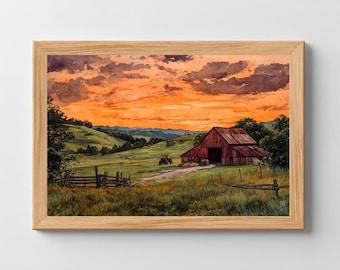 Rustic Barn Sunset Landscape Printable Wall Art Farm Country Painting (Digital Download)