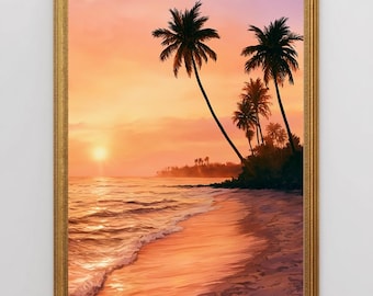 Könnte beinhalten: Ein gerahmter Kunstdruck, der eine tropische Strandszene bei Sonnenuntergang zeigt. Das Bild zeigt einen goldorangen Himmel, einen ruhigen Ozean mit sanften Wellen am Sandstrand und mehrere hohe Palmen, die sich am Horizont abzeichnen.