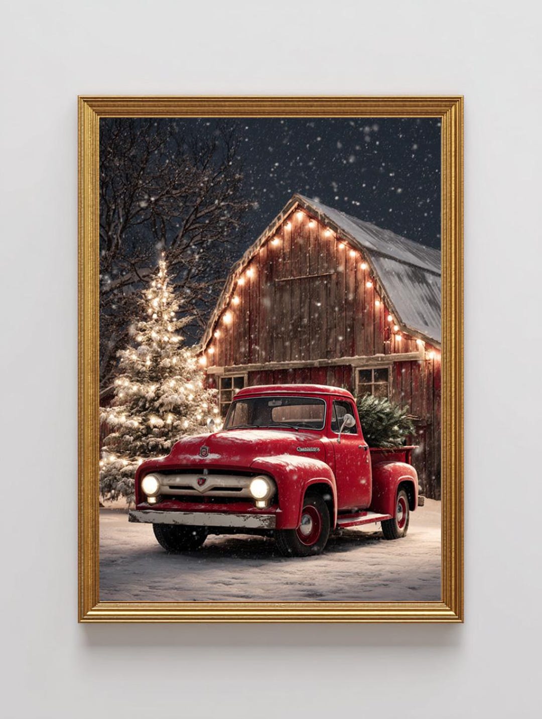 Vintage Red Christmas Truck Printable Wall Art, Rustic Winter Barn ...