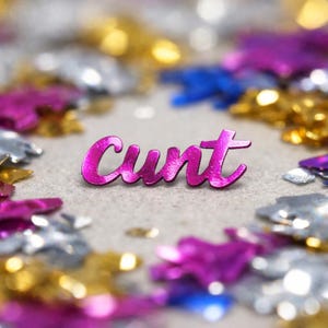 May include: A metallic pink word "cunt" is centered on a light gray surface, surrounded by colorful confetti. The confetti includes silver, gold, blue, and pink star-shaped pieces.