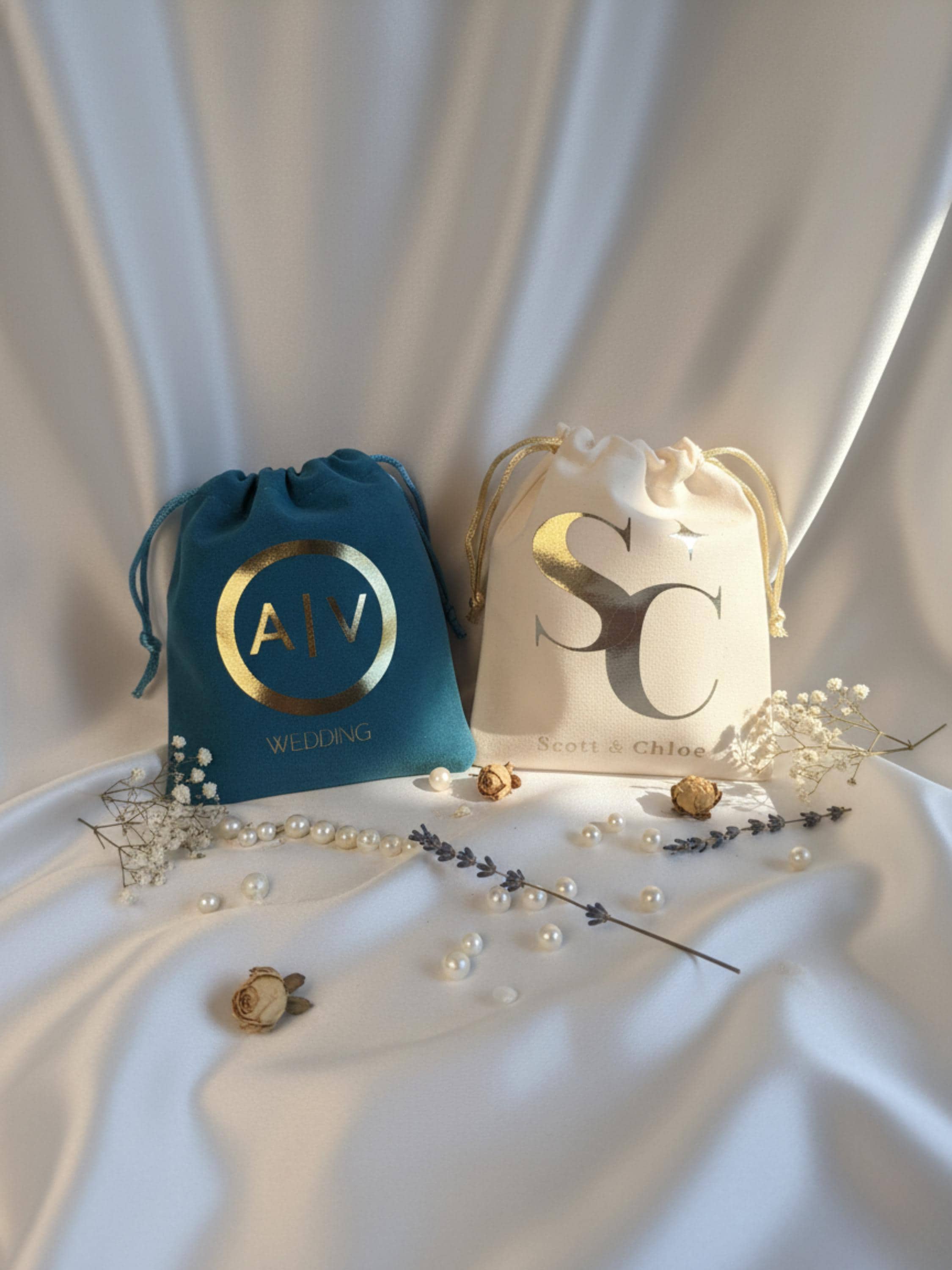 Personalized Velvet Wedding Favor Pouch: Custom Monogrammed Gift Bag