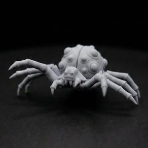 Peut inclure: Figurine d'araignée grise imprimée en 3D, avec un visage en forme de crâne et plusieurs pattes. Le corps de l'araignée présente un motif texturé et bulbeux. La figurine est posée sur un fond sombre.
