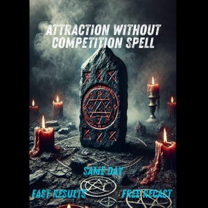 May include: An image with a dark, mystical theme. A large, weathered stone tablet with etched symbols is the focal point, surrounded by lit candles. The text "ATTRACTION WITHOUT COMPETITION SPELL" is at the top, with additional text at the bottom.