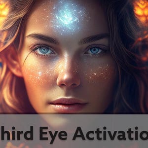 May include: Digital artwork of a person with blue eyes and a glowing forehead, with a mystical theme. The image has sparkling effects and soft focus. The text "Third Eye Activation" is at the bottom of the image.