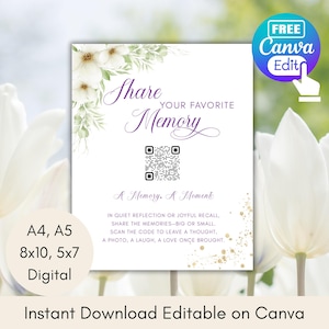 Puede incluir: Un letrero digital blanco con el texto "Share Your Favorite Memory" en escritura púrpura, un código QR y detalles florales. El letrero también incluye el texto "A Memory, A Moment" y "Instant Download Editable on Canva."
