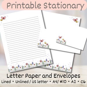 Papelería imprimible, sobre y carta, diseño de flores, papel tamaño carta/A4, sobres n.° 10/A2/C6, juego de cartas, descarga instantánea en PDF