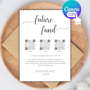 未来基金 QR コード サイン – 編集可能な Canva テンプレート、手書きフォント、結婚式ハネムーン基金ギフト QR コード サイン、ブライダル シャワー サイン
