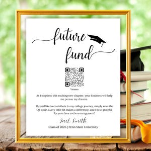 Znak z kodem QR na fundusz studiów – impreza z okazji ukończenia szkoły średniej, nowoczesne, minimalistyczne zakończenie studiów, odręczna czcionka, znak „Skanuj, aby zapłacić”