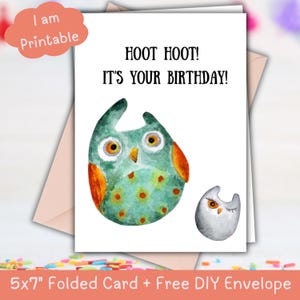 Biglietto di auguri di compleanno stampabile con gufo Hoot Hoot - Biglietto di auguri con gufi acquerellati, 5x7 pollici piegato, download immediato