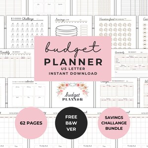 May include: A printable budget planner in black and white with 62 pages. The planner includes pages for monthly, weekly, and quarterly budgeting, as well as savings challenges and a car fund tracker. The planner is designed for US Letter size paper.