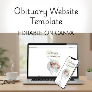 Digital Obituary Website Template, Electronic Obituary, Memorial Service Announcement, Editable on Canva