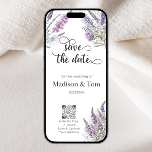Aquarel lavendel, Save the Date met QR-code, digitale uitnodiging, bruiloft, bruids/babyshower, afstuderen/verjaardagsfeestje, RSVP, scannen om te delen