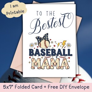 Biglietto d'auguri stampabile per la festa della mamma/compleanno "Coquette Baseball Mom", Baseball Mama, biglietto piegato 5x7" + modello busta gratuito, download immediato