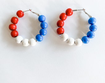 RED / WHITE / BLUE hoop earrings, beaded hoops, wooden beads