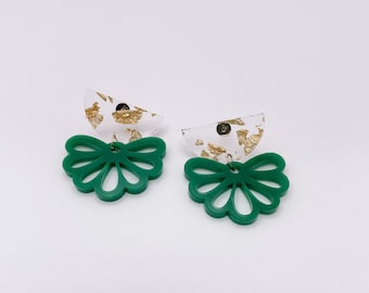 Gold flake + green acrylic fan earrings