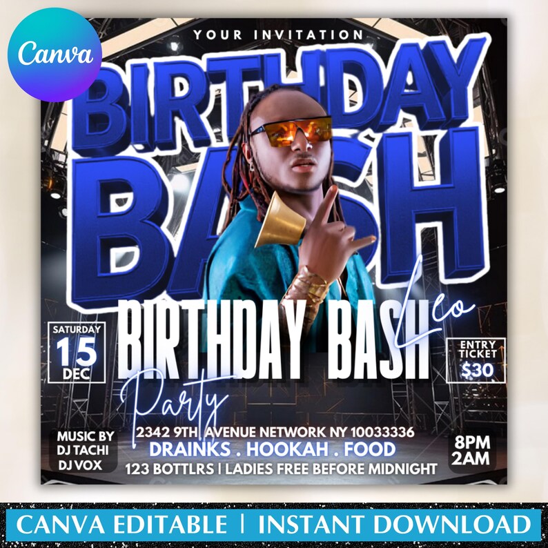 Men's Birthday Bash Flyer: Event, Club, Party Template (Canva Template)