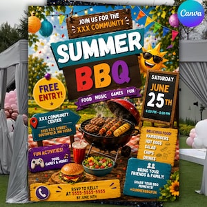 Puede incluir: Un folleto colorido que promociona un evento de barbacoa de verano. El diseño presenta las palabras "Summer BBQ" en letras grandes, junto con imágenes de comida a la parrilla, un sol sonriente y detalles del evento. Incluye el texto "¡Entrada gratuita!" y "¡Actividades divertidas!"