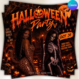 Op de afbeelding: Een Halloween-feestflyer met een grote oranje pompoen, een persoon in een luipaardprint kostuum met bijpassend masker, en een persoon in een skeletpak. De tekst luidt Halloween Party, Eat Drink Dance Be Scary, Oct 31 en Good Vibes.
