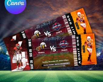 Entrada para partido de fútbol, entrada de fútbol navideña, entrada de fútbol imprimible, entrada de fútbol editable, entrada deportiva personalizable y editable de Canva.