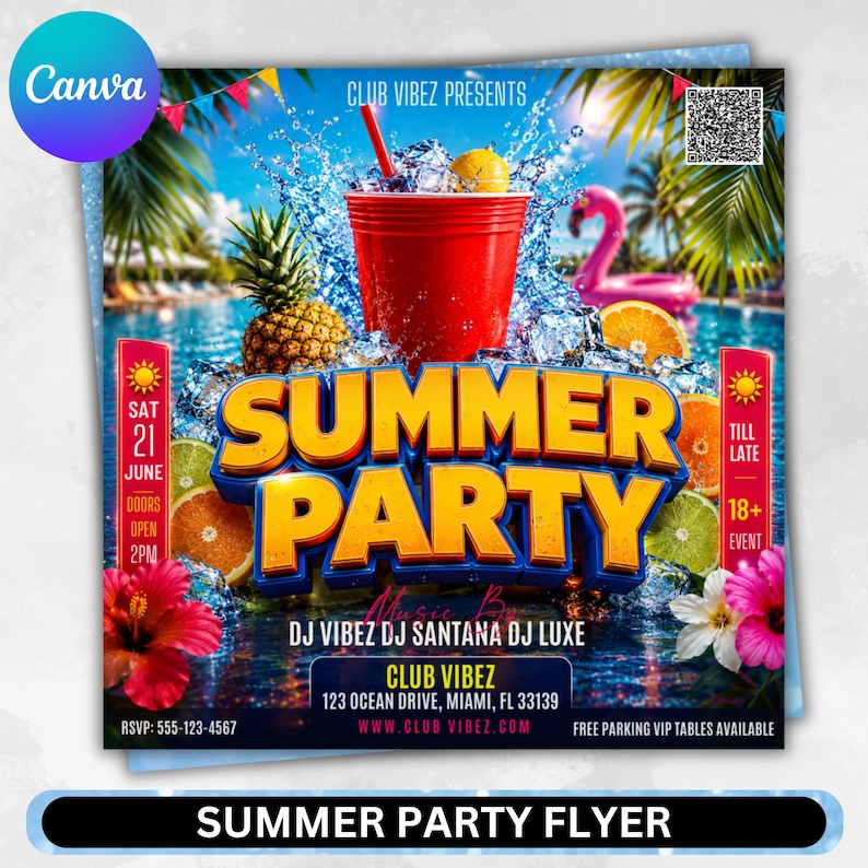 Summer Party Flyer, Pool Party Flyer, Summer Break Party Flyer, Summer Event Flyer, Beach Flyer, DIY Flyer Template Design, Canva Editable