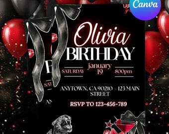 Birthday Invitation, Black Bow Coquette Party Printable Invite, Editable Canva Design, Instant PDF Download, (Canva Editable)