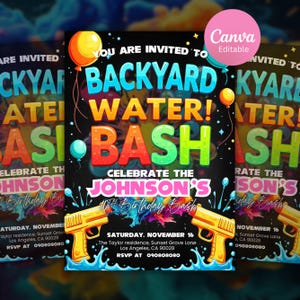 May include: A black party invitation flyer titled BACKYARD WATER! BASH. It features colorful text, yellow water guns, balloons, and water splashes. The text includes CELEBRATE THE JOHNSON'S 10TH BIRTHDAY BASH, SATURDAY, NOVEMBER 16, and RSVP AT 090808080.