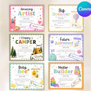 Puede incluir: Una colección de seis certificados de premios coloridos con varios temas. Cada certificado presenta un diseño y texto únicos, incluyendo "Amazing Artist", "Big Dreamer", "Happy Camper", "Future Astronaut", "Busy Bee" y "Master Builder".