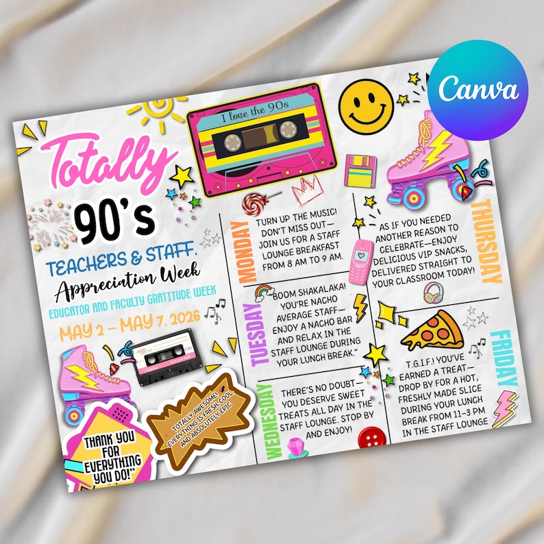 80s 90s Theme Teacher Appreciation Week Itinerary, Retro Throwback Old ...