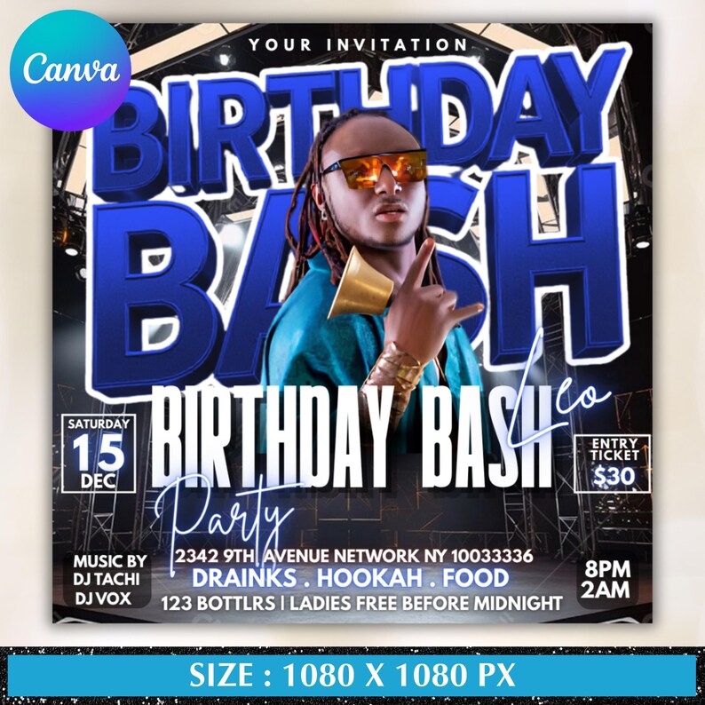 Men's Birthday Bash Flyer: Event, Club, Party Template (Canva Template)