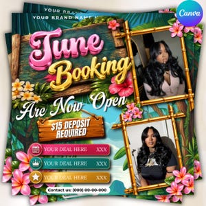 Puede incluir: Folleto promocional con temática tropical con el texto "Tune Booking Are Now Open". El folleto incluye imágenes, detalles florales y un marco estilo bambú. Se requiere un depósito de 15 $. Se proporciona información de contacto.